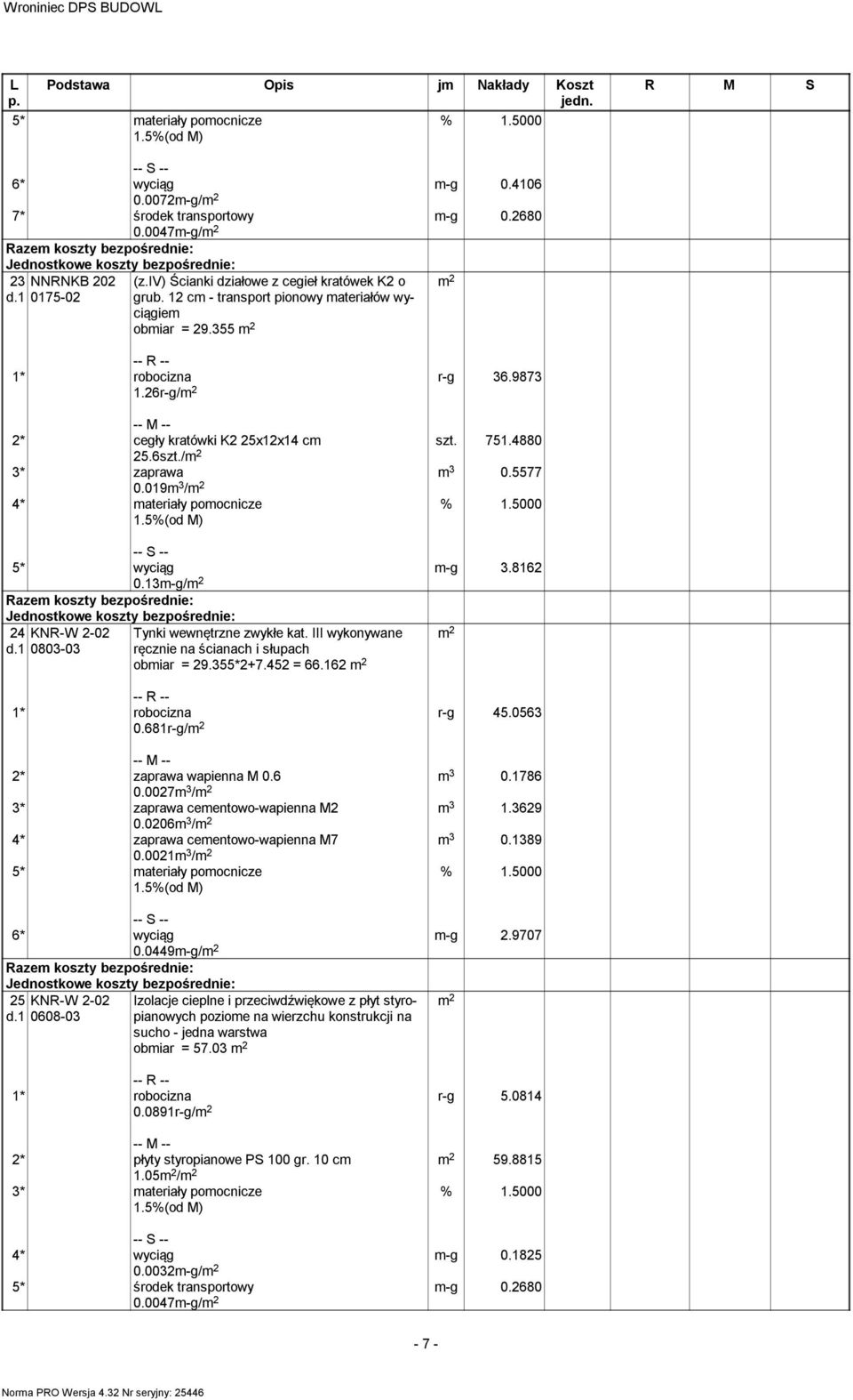 8162 5* wyciąg 0.13m-g/ 24 KNR-W 2-02 d.1 0803-03 Tynki wewnętrzne zwykłe kat. III wykonywane ręcznie na ścianach i słupach obmiar = 29.355*2+7.452 = 66.162 0.681r-g/ r-g 45.0563 0.1786 1.3629 0.