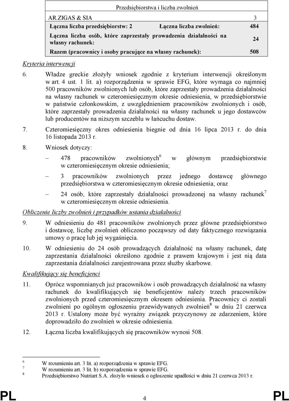 własny rachunek): 508 Kryteria interwencji 6. Władze greckie złożyły wniosek zgodnie z kryterium interwencji określonym w art. 4 ust. 1 lit.