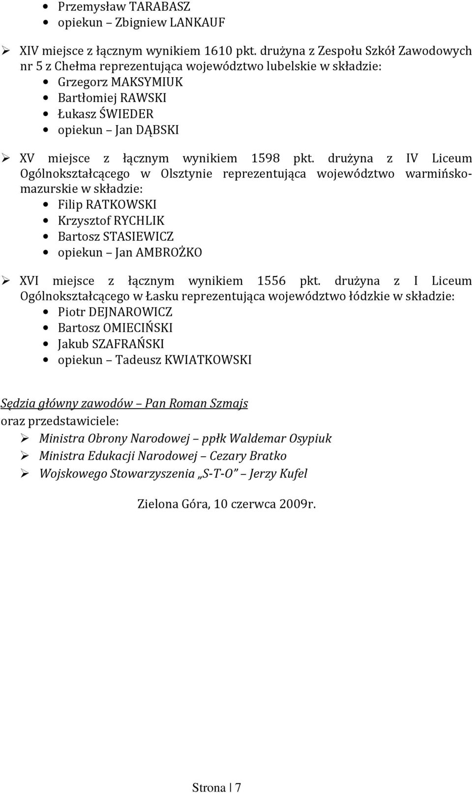 drużyna z IV Liceum Ogólnokształcącego w Olsztynie reprezentująca województwo warmińskomazurskie Filip RATKOWSKI Krzysztof RYCHLIK Bartosz STASIEWICZ opiekun Jan AMBROŻKO XVI miejsce z łącznym