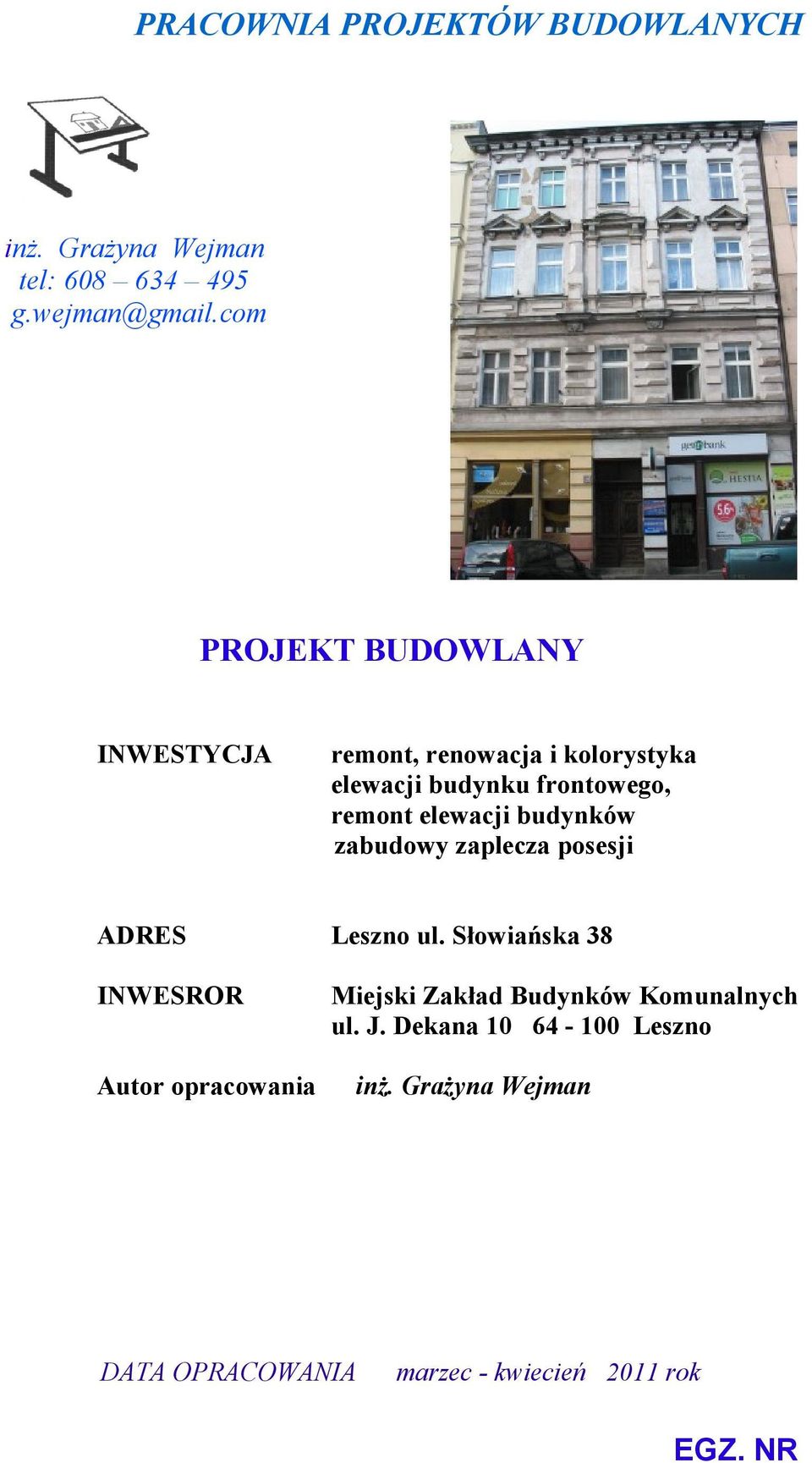 elewacji budynków zabudowy zaplecza posesji ADRES Leszno ul.