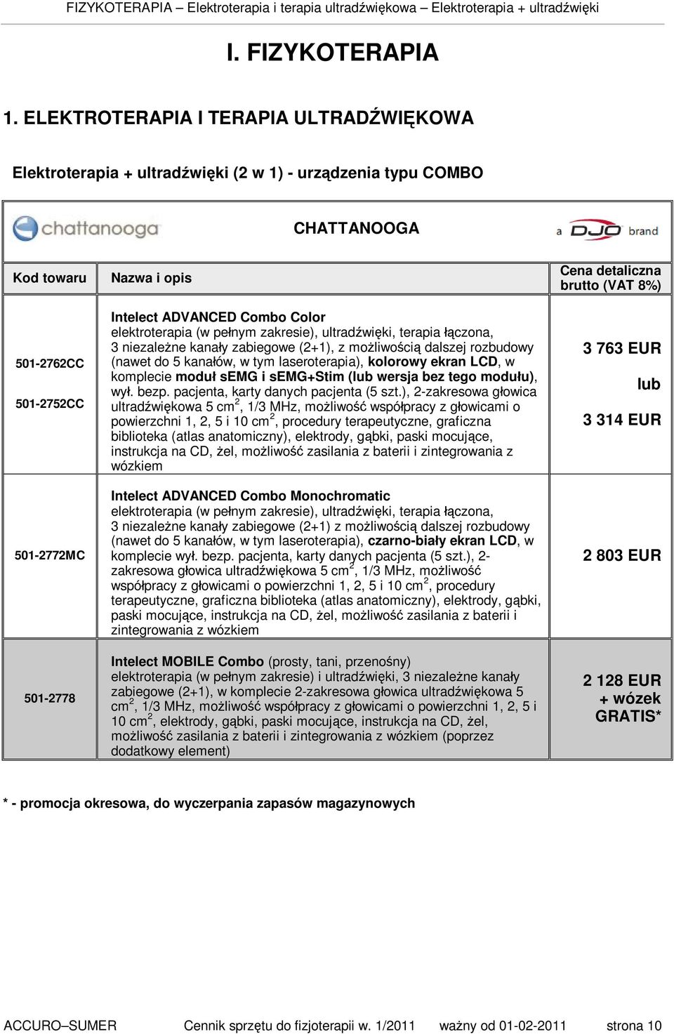 elektroterapia (w pełnym zakresie), ultradźwięki, terapia łączona, 3 niezależne kanały zabiegowe (2+1), z możliwością dalszej rozbudowy (nawet do 5 kanałów, w tym laseroterapia), kolorowy ekran LCD,