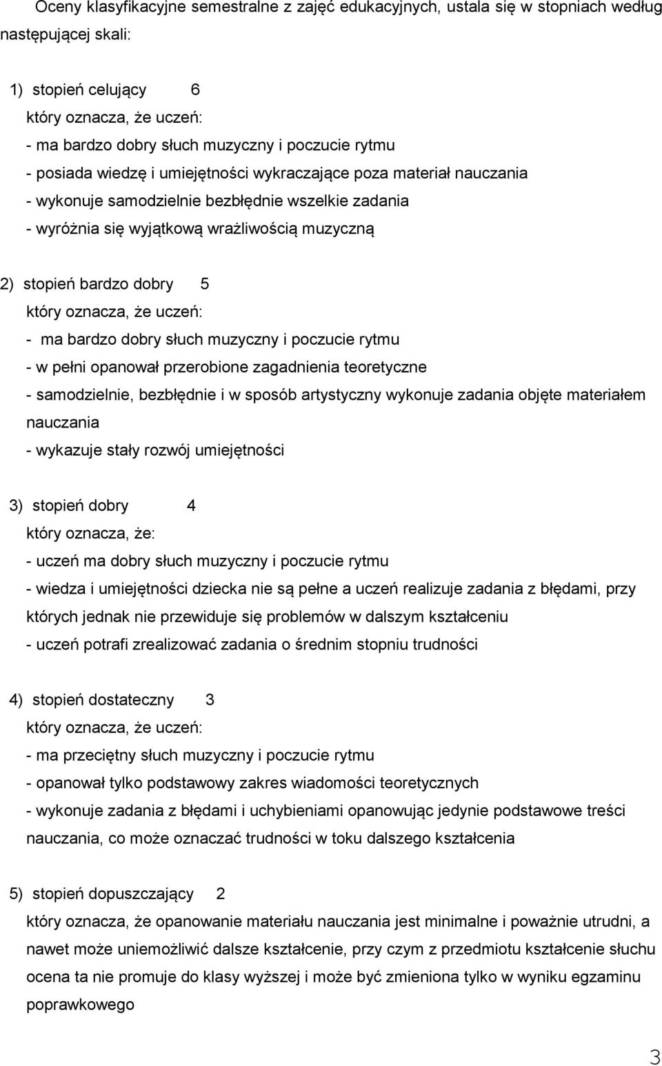 który oznacza, że uczeń: - ma bardzo dobry słuch muzyczny i poczucie rytmu - w pełni opanował przerobione zagadnienia teoretyczne - samodzielnie, bezbłędnie i w sposób artystyczny wykonuje zadania