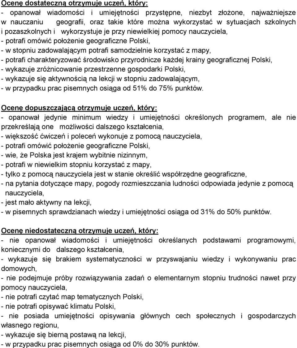 potrafi charakteryzować środowisko przyrodnicze każdej krainy geograficznej Polski, - wykazuje zróżnicowanie przestrzenne gospodarki Polski, - wykazuje się aktywnością na lekcji w stopniu