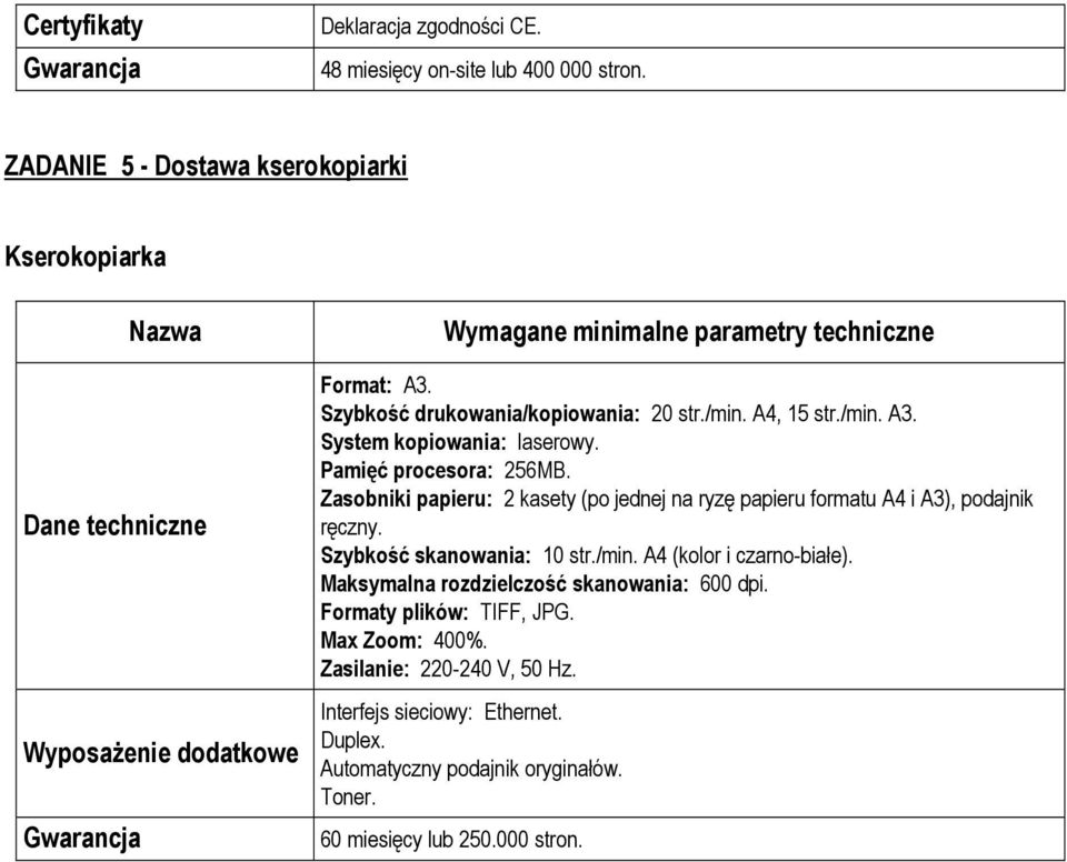 Zasobniki papieru: 2 kasety (po jednej na ryzę papieru formatu A4 i A3), podajnik ręczny. Szybkość skanowania: 10 str./min. A4 (kolor i czarno-białe).