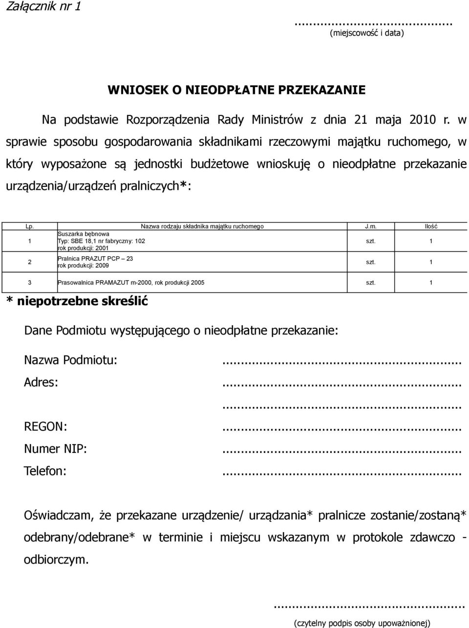 Nazwa rodzaju składnika majątku ruchomego J.m. Ilość 1 szt. 1 2 szt. 1 3 Prasowalnica PRAMAZUT m-2000, rok produkcji 2005 szt.