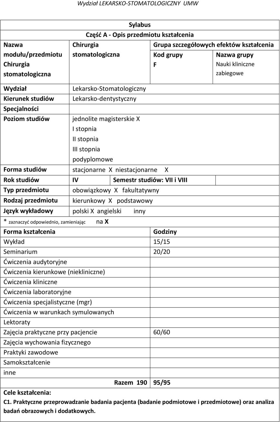 podyplomowe stacjonarne X niestacjonarne X Rok studiów IV Semestr studiów: VII i VIII Typ przedmiotu obowiązkowy X fakultatywny Rodzaj przedmiotu kierunkowy X podstawowy Język wykładowy polski X