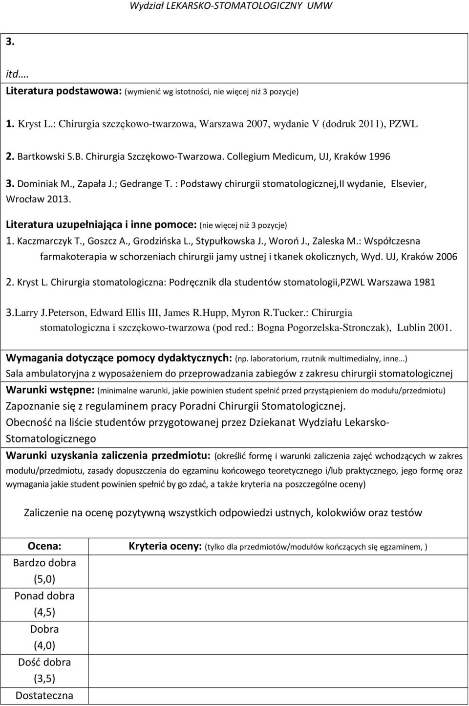 Literatura uzupełniająca i inne pomoce: (nie więcej niż 3 pozycje) 1. Kaczmarczyk T., Goszcz A., Grodzińska L., Stypułkowska J., Woroń J., Zaleska M.