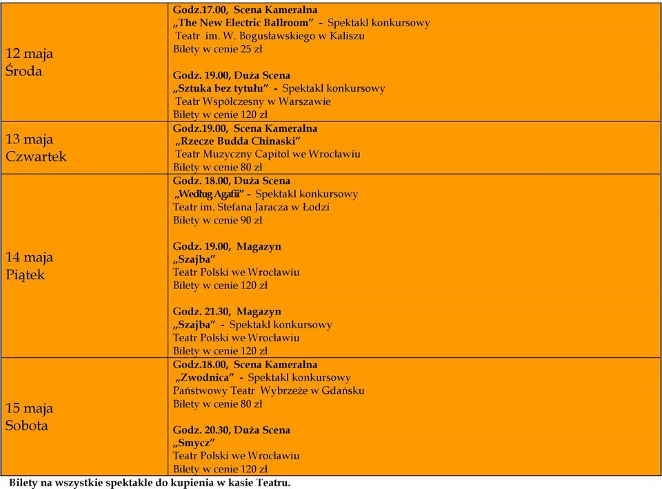 00, Scena Kameralna Rzecze Budda Chinaski Teatr Muzyczny Capitol we Wrocławiu Bilety w cenie 80 zł Godz. 18.00, Duża Scena Według Agafii - Spektakl konkursowy Teatr im.