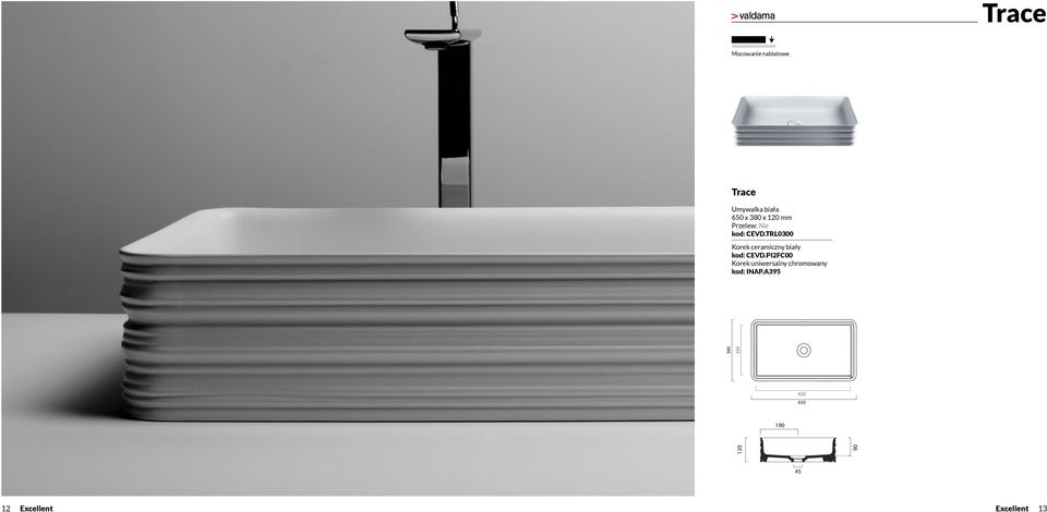 TRL0300 biała 650 x 380 x 120 mm Korek Przelew: ceramiczny Nie biały 72 mm kod: