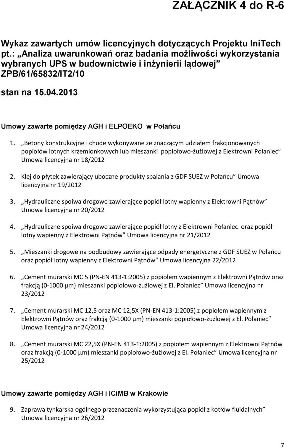 Betony konstrukcyjne i chude wykonywane ze znaczącym udziałem frakcjonowanych popiołów lotnych krzemionkowych lub mieszanki popiołowo-żużlowej z Elektrowni Połaniec Umowa licencyjna nr 18/2012 2.