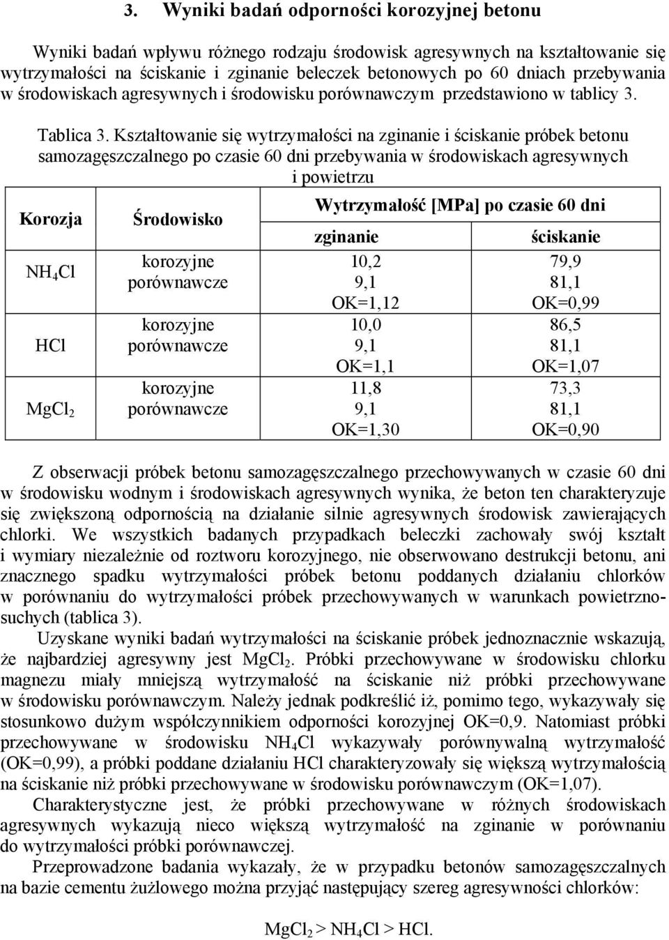 Kształtowanie się wytrzymałości na zginanie i ściskanie próbek betonu samozagęszczalnego po czasie 60 dni przebywania w środowiskach agresywnych i powietrzu Korozja NH 4 Cl HCl MgCl 2 Środowisko