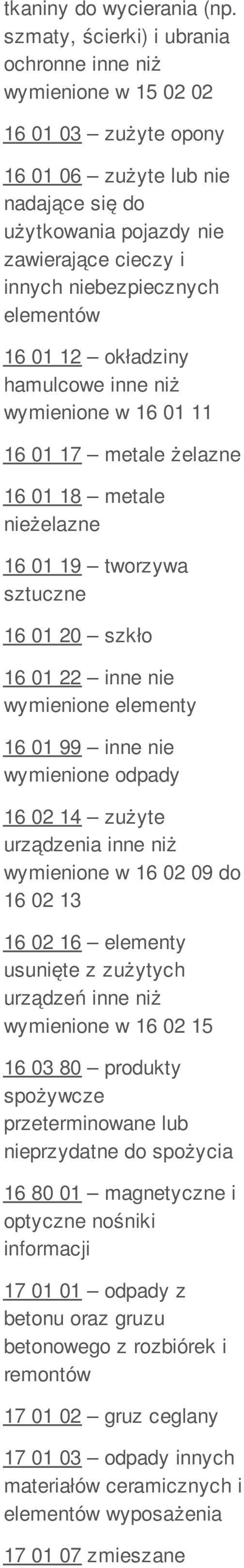 elementów 16 01 12 okładziny hamulcowe inne niż wymienione w 16 01 11 16 01 17 metale żelazne 16 01 18 metale nieżelazne 16 01 19 tworzywa sztuczne 16 01 20 szkło 16 01 22 inne nie wymienione