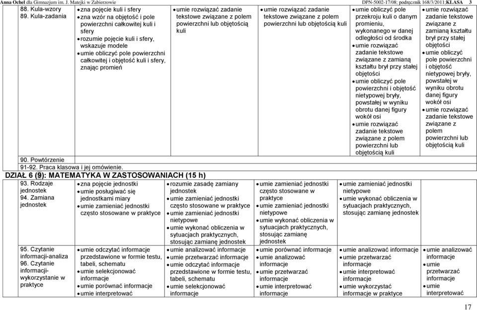 znając promień 90. Powtórzenie 91-92. Praca klasowa i jej omówienie. DZIAŁ 6 (9): MATEMATYKA W ZASTOSOWANIACH (15 h) 93. Rodzaje jednostek 94. Zamiana jednostek 95. Czytanie informacji-analiza 96.