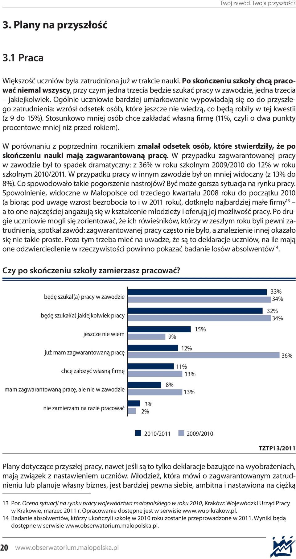 Ogólnie uczniowie bardziej umiarkowanie wypowiadają się co do przyszłego zatrudnienia: wzrósł odsetek osób, które jeszcze nie wiedzą, co będą robiły w tej kwestii (z 9 do 15%).