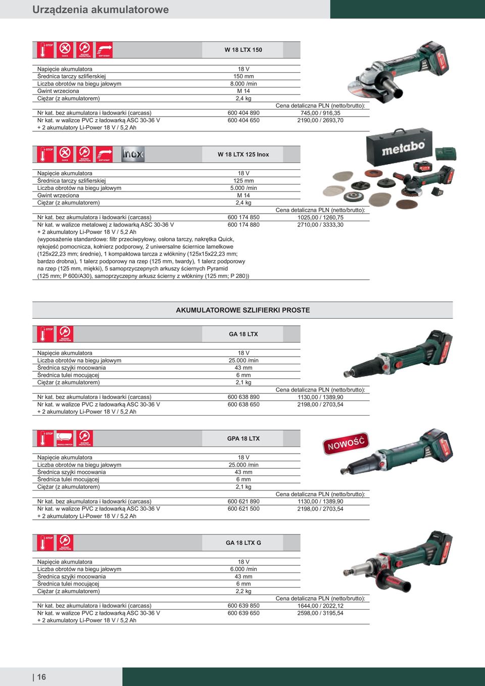 000 /min M 14 2,4 kg 600 404 890 600 404 650 745,00 / 916,35 2190,00 / 2693,70 W 18 LTX 125 Inox Napięcie akumulatora Średnica tarczy szlifierskiej Gwint wrzeciona Ciężar (z akumulatorem) 18 125 mm 5.