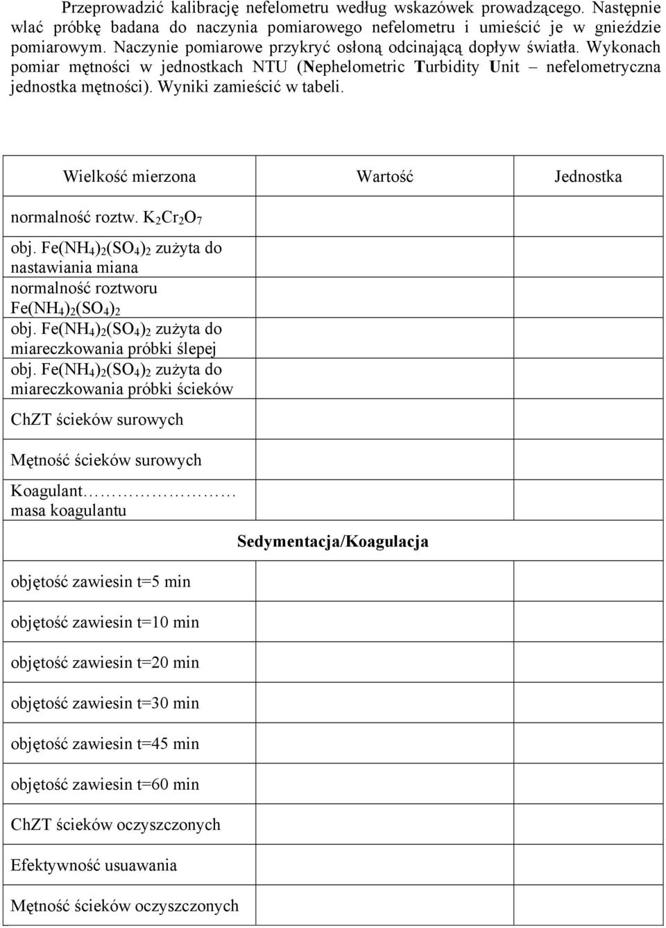 Wielkość mierzona Wartość Jednostka normalność roztw. K 2 Cr 2 O 7 obj. Fe(NH 4 ) 2 (SO 4 ) 2 zużyta do nastawiania miana normalność roztworu Fe(NH 4 ) 2 (SO 4 ) 2 obj.