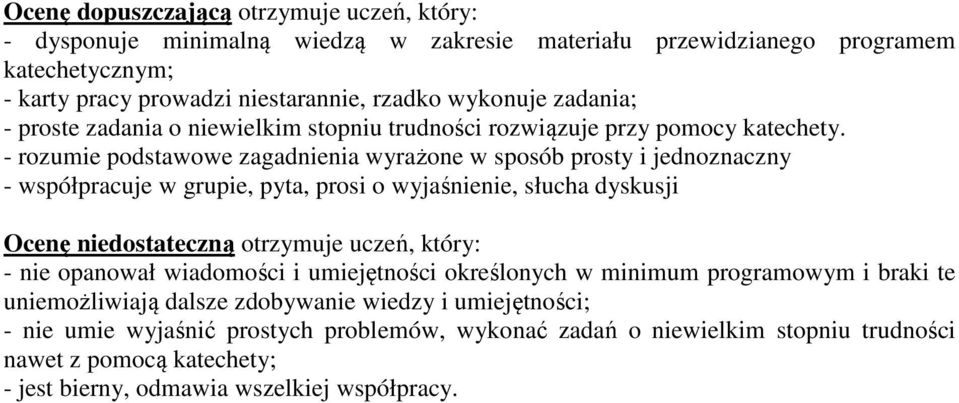 - rozumie podstawowe zagadnienia wyrażone w sposób prosty i jednoznaczny - współpracuje w grupie, pyta, prosi o wyjaśnienie, słucha dyskusji Ocenę niedostateczną otrzymuje uczeń, który: -