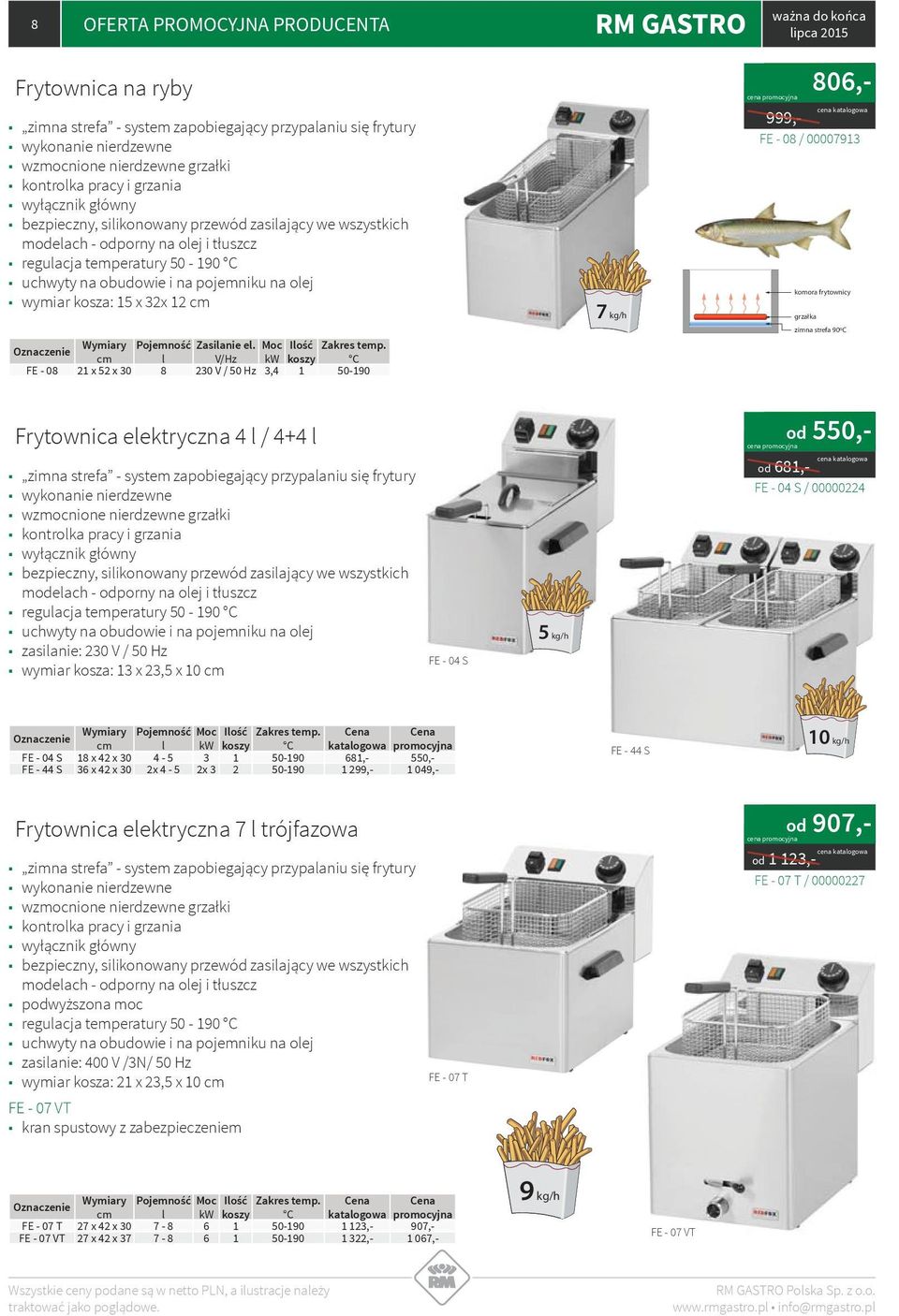 V/Hz kw koszy C FE - 08 21 x 52 x 30 8 230 V / 50 Hz 3,4 1 50-190 7 kg/h 806,- 999,- FE - 08 / 00007913 komora frytownicy grzałka zimna strefa 90ºC Frytownica eektryczna 4 / 4+4 zimna strefa - system