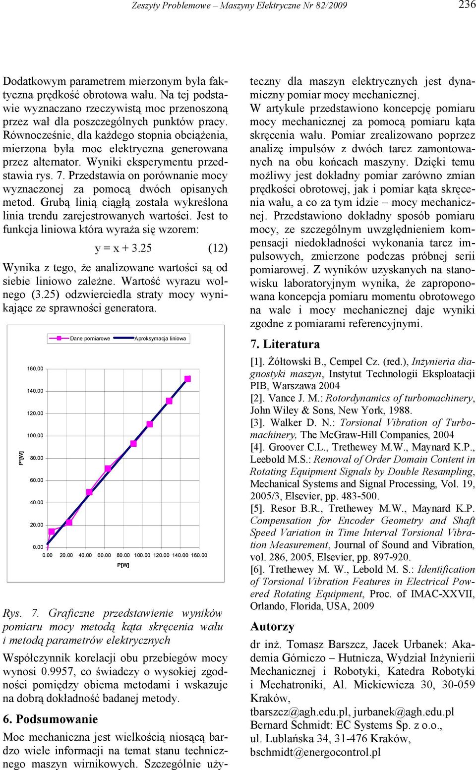 Wynk eksperymentu przedstawa rys. 7. Przedstawa on porównane mocy wyznaczonej za pomocą dwóch opsanych metod. Grubą lną cągłą została wykreślona lna trendu zarejestrowanych wartośc.