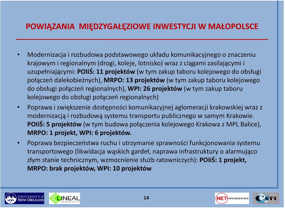 regionalnych), WPI: 26 projektów (w tym zakup taboru kolejowego do obsługi połączeń regionalnych) Poprawa i zwiększenie dostępności komunikacyjnej aglomeracji krakowskiej wraz z modernizacją i