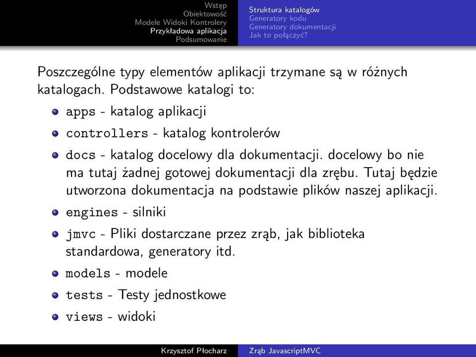 Podstawowe katalogi to: apps - katalog aplikacji controllers - katalog kontrolerów docs - katalog docelowy dla dokumentacji.