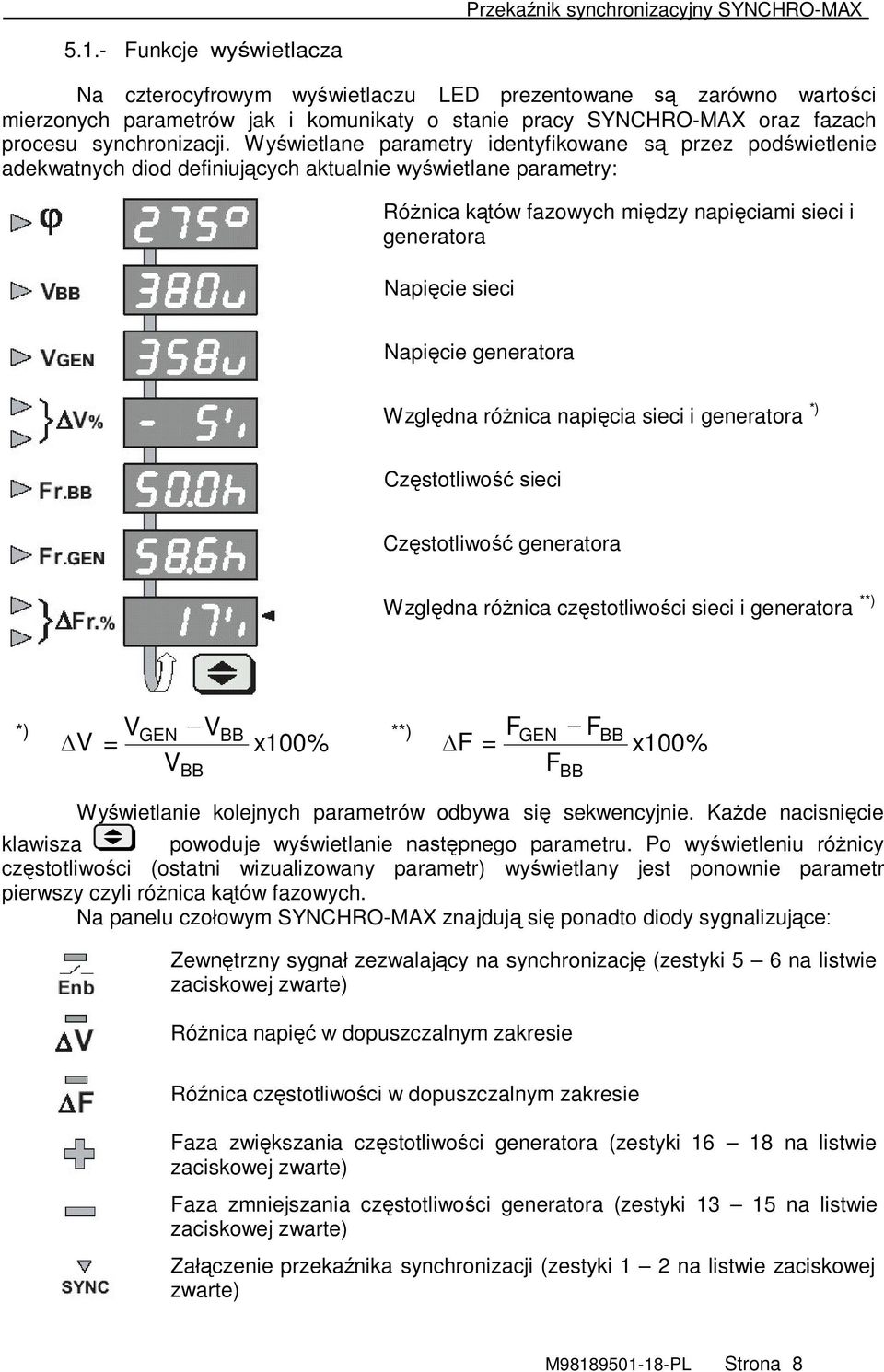 Napięcie generatora Względna różnica napięcia sieci i generatora *) Częstotliwość sieci Częstotliwość generatora Względna różnica częstotliwości sieci i generatora **) *) V = V GEN V BB V BB x100%