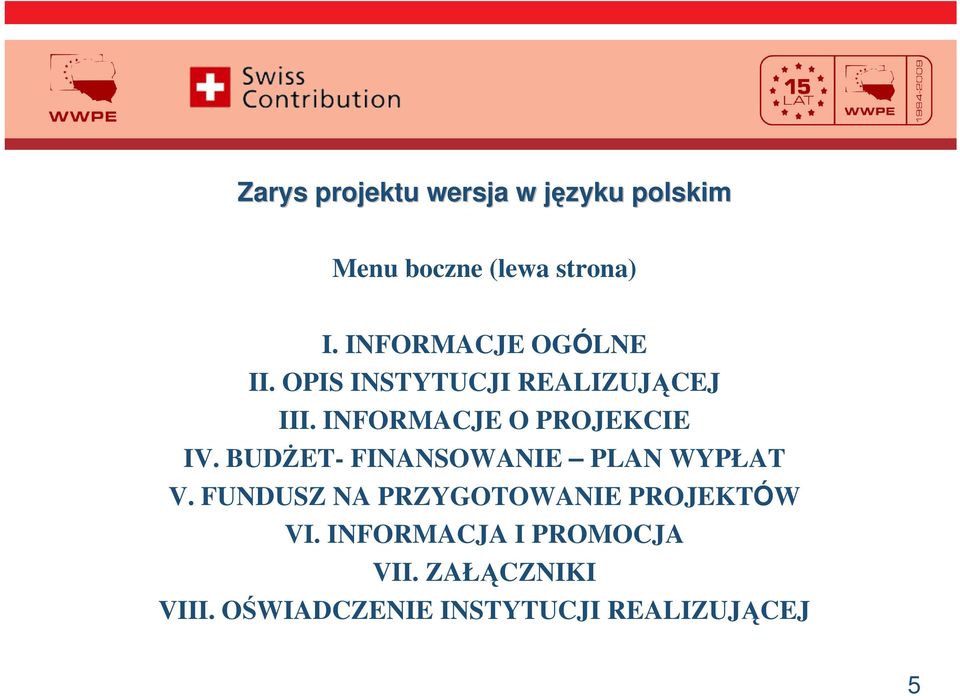 INFORMACJE O PROJEKCIE IV. BUDET- FINANSOWANIE PLAN WYPŁAT V.