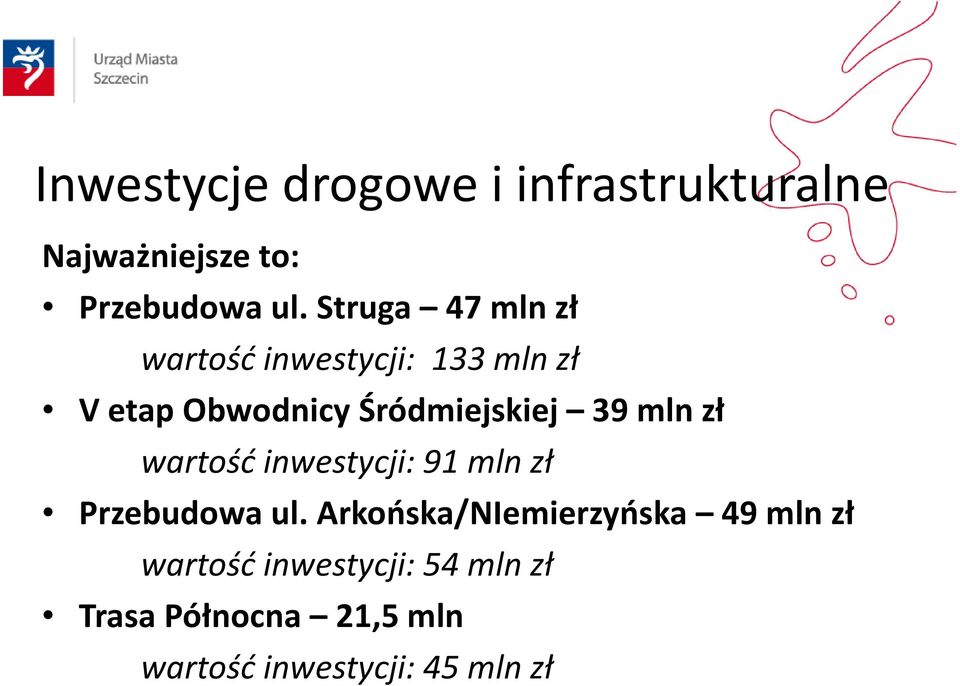 39 mln zł wartość inwestycji: 91 mln zł Przebudowa ul.