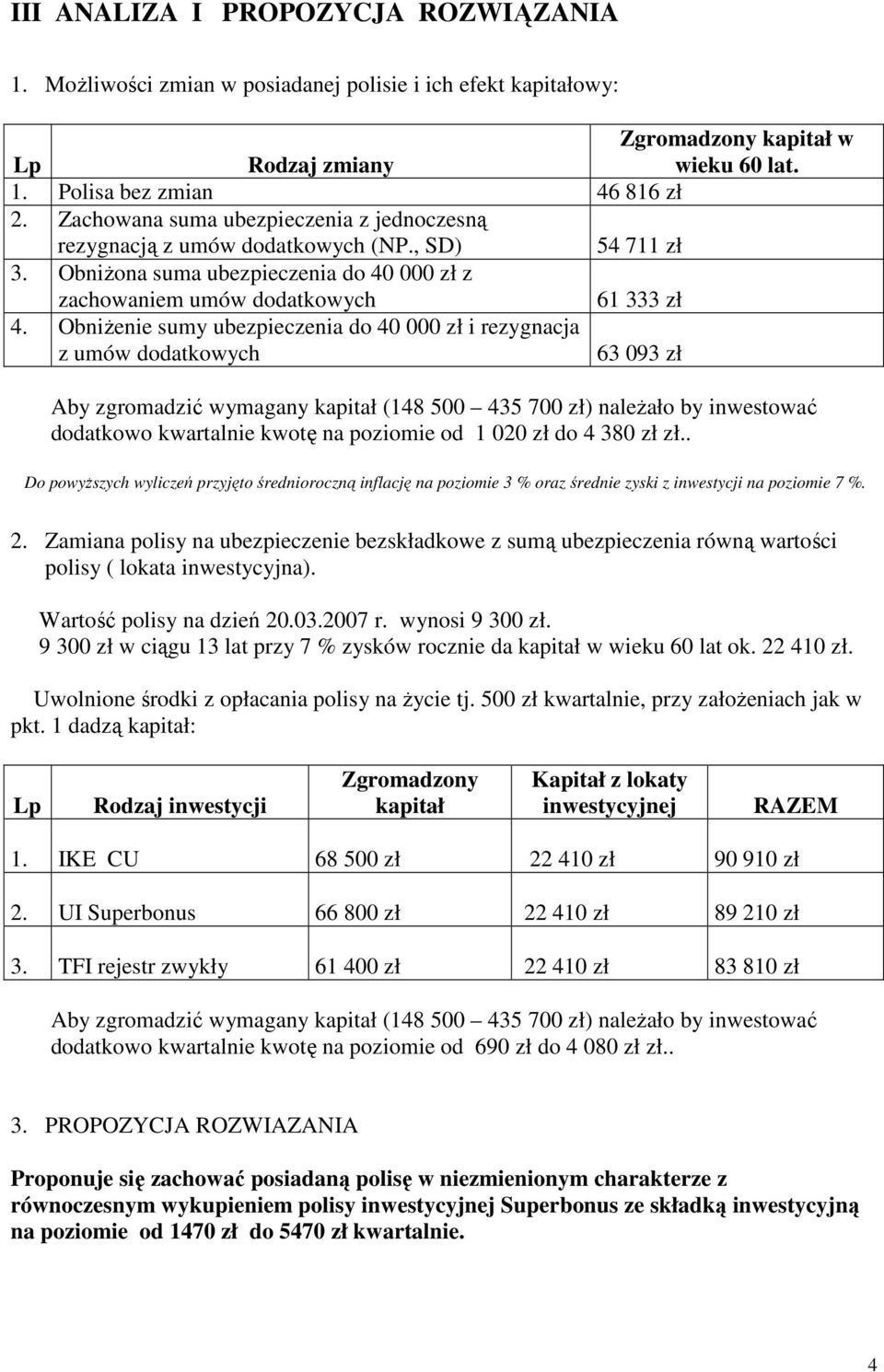 ObniŜenie sumy ubezpieczenia do 40 000 zł i rezygnacja z umów dodatkowych 63 093 zł Aby zgromadzić wymagany kapitał (148 500 435 700 zł) naleŝało by inwestować dodatkowo kwartalnie kwotę na poziomie