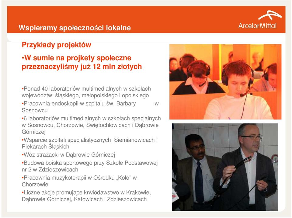 Barbary w Sosnowcu 6 laboratoriów multimedialnych w szkołach specjalnych w Sosnowcu, Chorzowie, Świętochłowicach i Dąbrowie Górniczej Wsparcie szpitali specjalistycznych