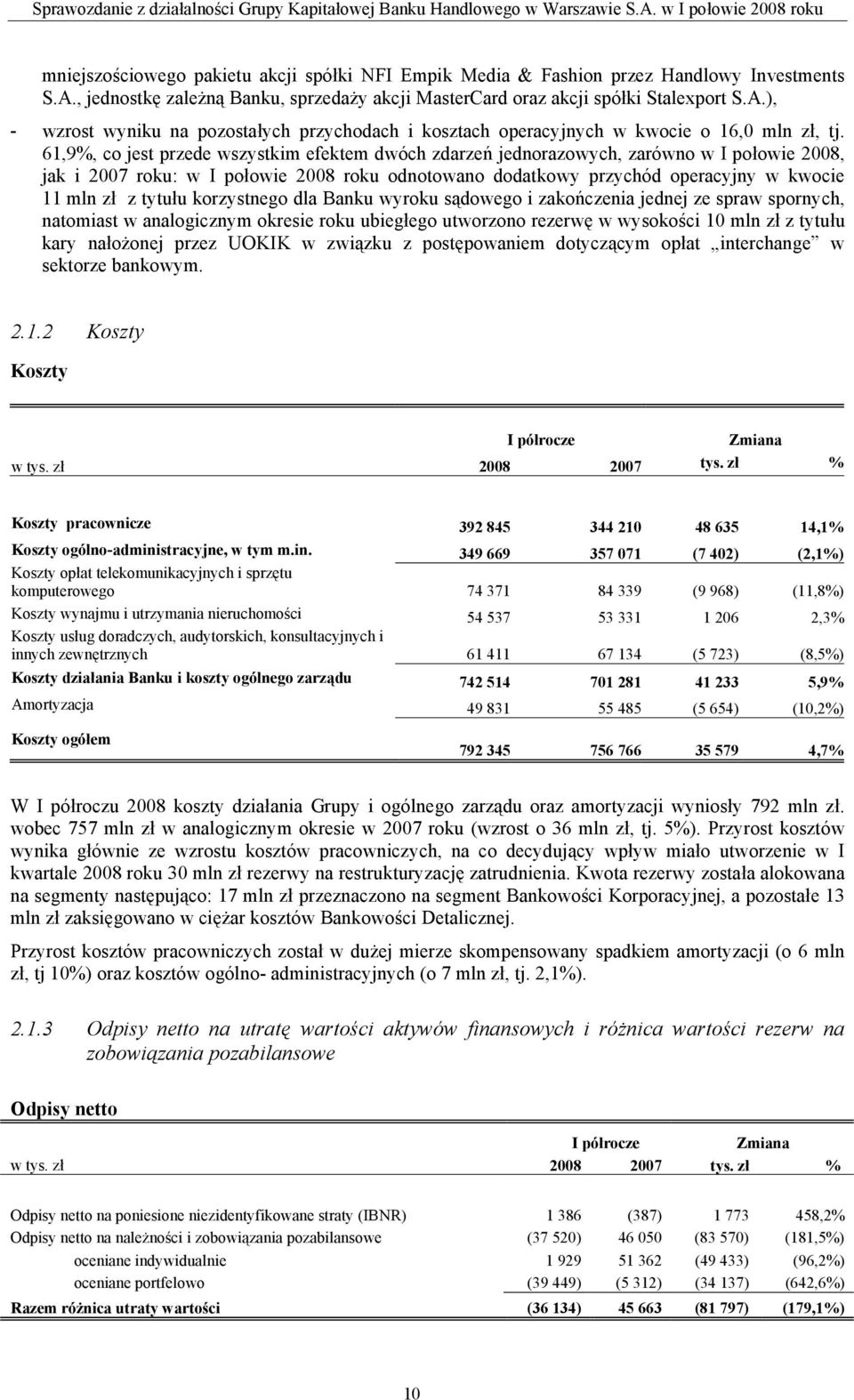 tytułu korzystnego dla Banku wyroku sądowego i zakończenia jednej ze spraw spornych, natomiast w analogicznym okresie roku ubiegłego utworzono rezerwę w wysokości 10 mln zł z tytułu kary nałożonej