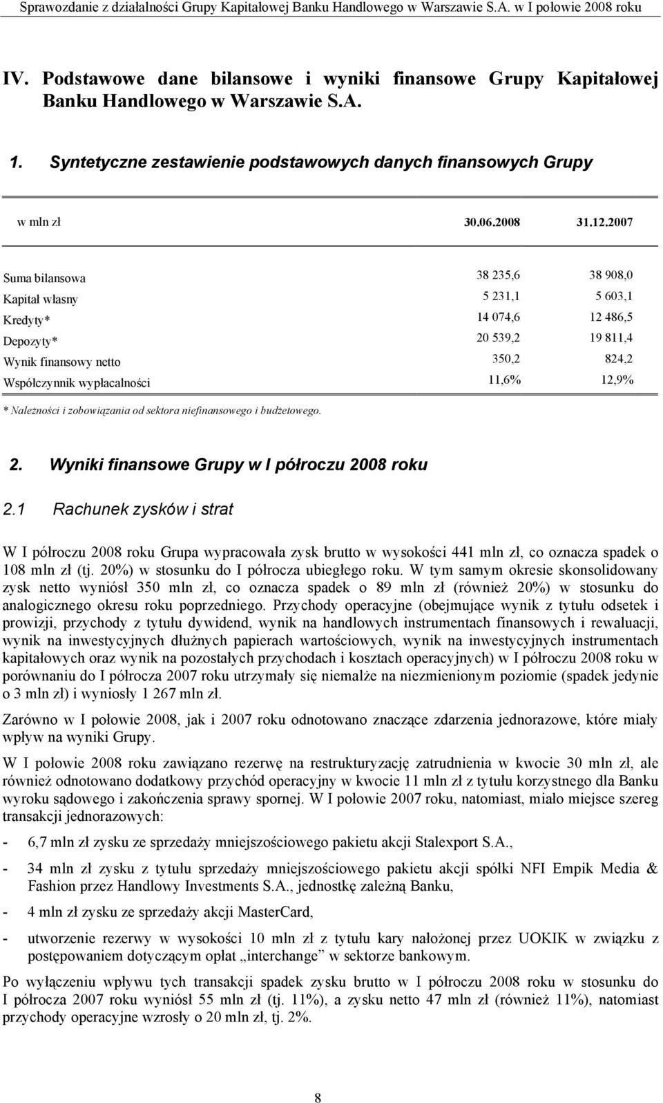 Należności i zobowiązania od sektora niefinansowego i budżetowego. 2. Wyniki finansowe Grupy w I półroczu 2008 roku 2.