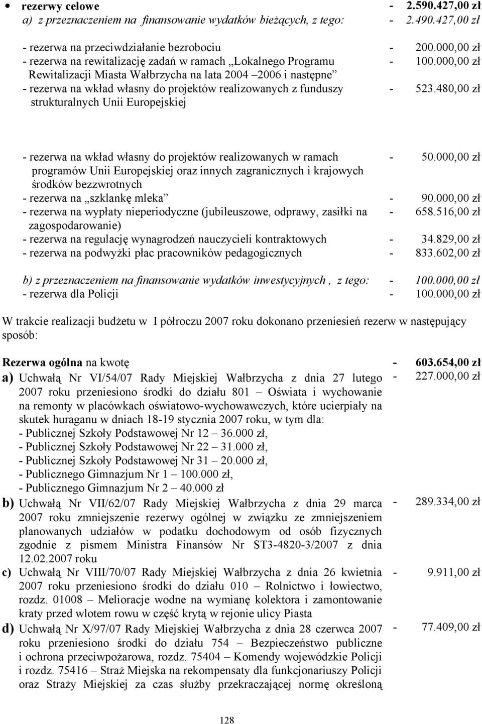 000,00 zł Rewitalizacji Miasta Wałbrzycha na lata 2004 2006 i następne - rezerwa na wkład własny do projektów realizowanych z funduszy strukturalnych Unii Europejskiej - 523.