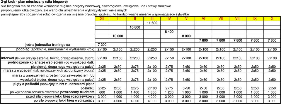 600 10 800 8 400 10 000 8 000 7 800 7 800 7 800 7 800 7 800 jedna jednostka treningowa 7 200 podbieg (spokojnie, maksymalnie wydłużamy krok) 2x100 2x150 2x200 2x250 2x150 2x100 2x100 2x100 2x100