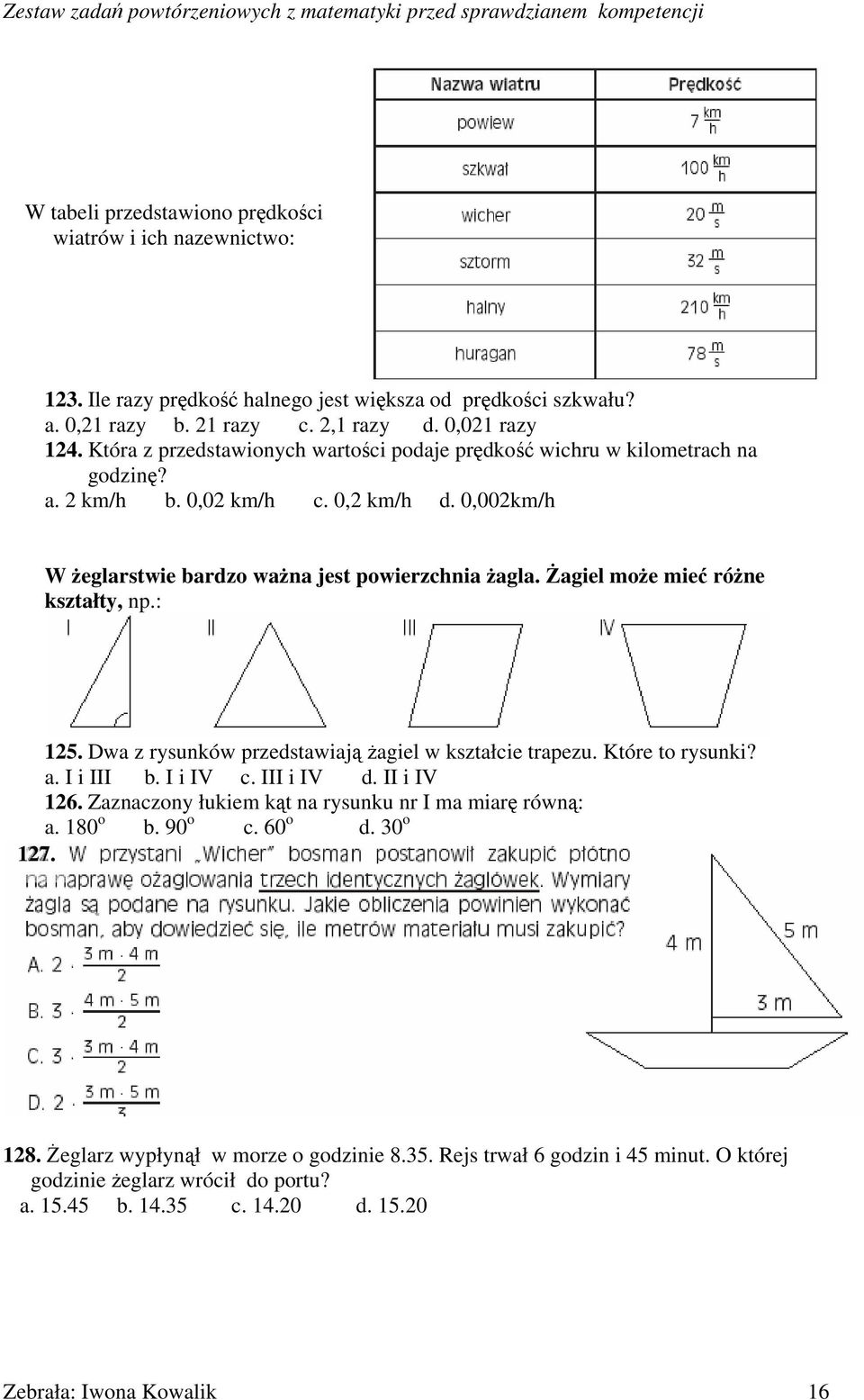 Żagiel może mieć różne kształty, np.: 125. Dwa z rysunków przedstawiają żagiel w kształcie trapezu. Które to rysunki? a. I i III b. I i IV c. III i IV d. II i IV 126.