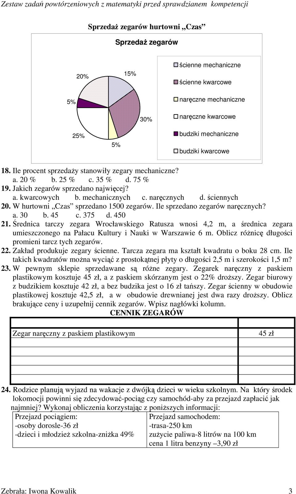 W hurtowni Czas sprzedano 1500 zegarów. Ile sprzedano zegarów naręcznych? a. 30 b. 45 c. 375 d. 450 21.