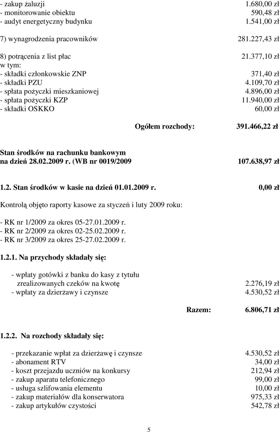 940,00 zł - składki OSKKO 60,00 zł Ogółem rozchody: 391.466,22 zł Stan środków na rachunku bankowym na dzień 28.02.2009 r.