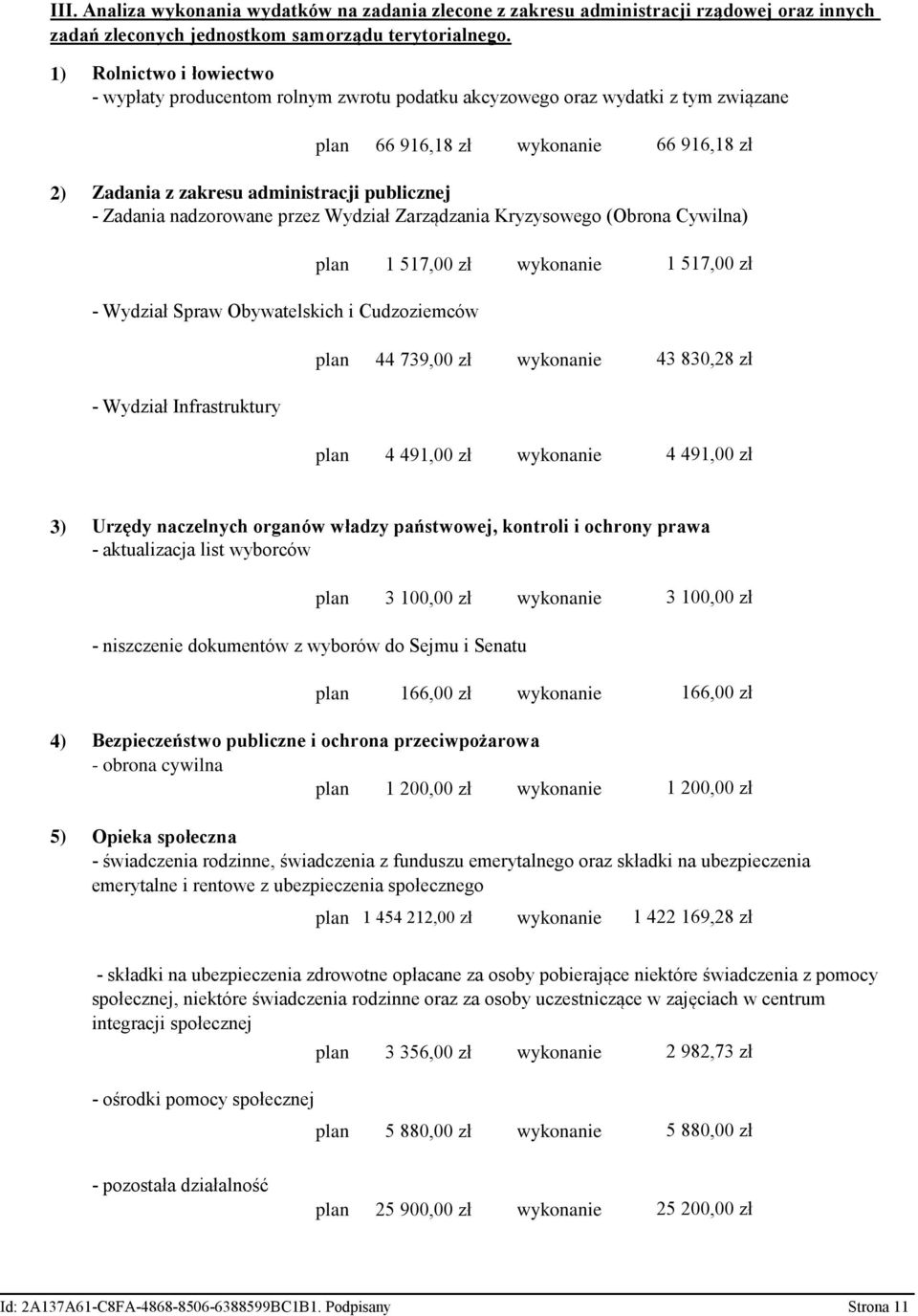 Zadania nadzorowane przez Wydział Zarządzania Kryzysowego (Obrona Cywilna) plan 1 517,00 zł wykonanie 1 517,00 zł - Wydział Spraw Obywatelskich i Cudzoziemców plan 44 739,00 zł wykonanie 43 830,28 zł