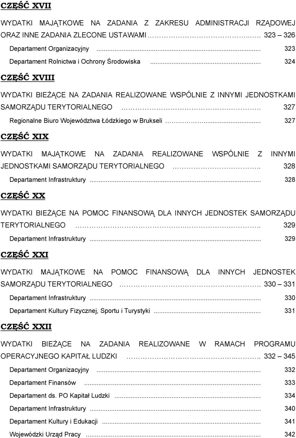 .. 327 CZĘŚĆ XIX WYDATKI MAJĄTKOWE NA ZADANIA REALIZOWANE WSPÓLNIE Z INNYMI JEDNOSTKAMI SAMORZĄDU TERYTORIALNEGO.. 328 Departament Infrastruktury.