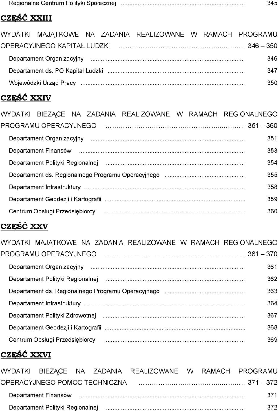 ... 351 360 Departament Organizacyjny... 351 Departament Finansów... 353 Departament Polityki Regionalnej... 354 Departament ds. Regionalnego Programu Operacyjnego... 355 Departament Infrastruktury.