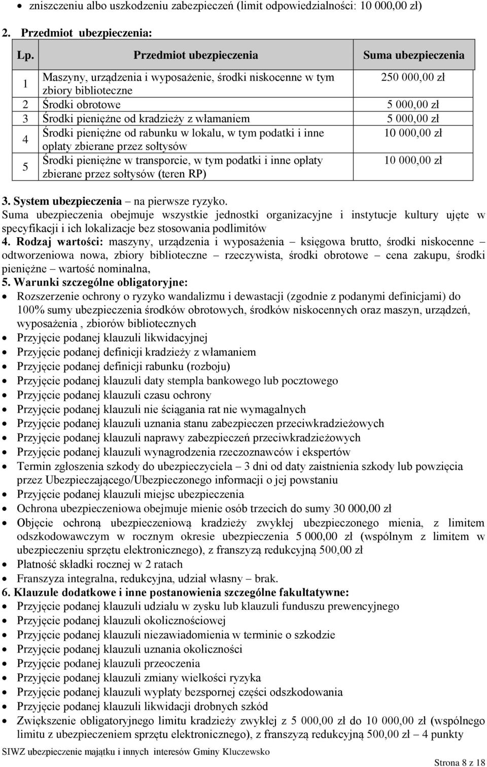 z włamaniem 5 000,00 zł 4 Środki pieniężne od rabunku w lokalu, w tym podatki i inne 10 000,00 zł opłaty zbierane przez sołtysów 5 Środki pieniężne w transporcie, w tym podatki i inne opłaty 10