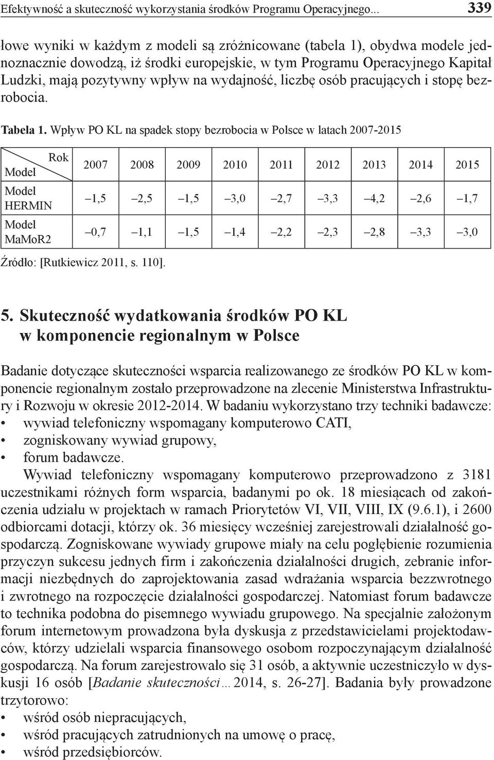 wydajność, liczbę osób pracujących i stopę bezrobocia. Tabela 1. Wpływ PO KL na spadek stopy bezrobocia w Polsce w latach 2007-2015 Model Model HERMIN Model MaMoR2 Rok Źródło: [Rutkiewicz 2011, s.