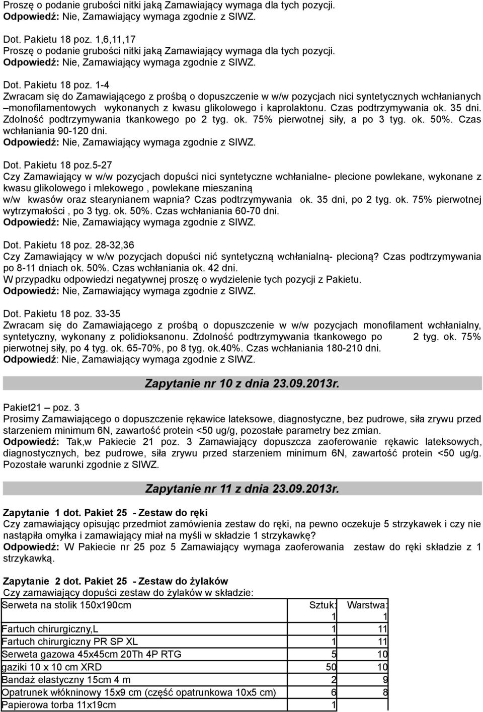 Czas podtrzymywania ok. 35 dni. Zdolność podtrzymywania tkankowego po 2 tyg. ok. 75% pierwotnej siły, a po 3 tyg. ok. 50%. Czas wchłaniania 90-120 dni. Dot. Pakietu 18 poz.