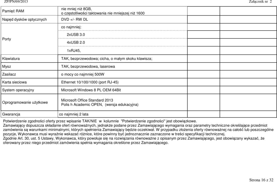 Ethernet 10/100/1000 (port RJ-45) Microsoft Windows 8 PL OEM 64Bit Microsoft Office Standard 2013 Polis h Academic OPEN, (wersja edukacyjna) Gwarancja co najmniej 2 lata oferty przez wpisanie TAK/NIE