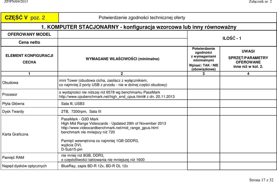 dysków optycznych o wydajności nie niższej niż 6578 wg benchmarku PassMark http://www.cpubenchmark.net/high_end_cpus.html# z dn. 20.11.