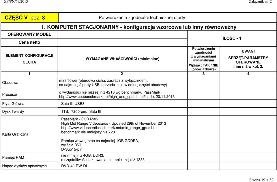 dysków optycznych o wydajności nie niższej niż 4210 wg benchmarku PassMark http://www.cpubenchmark.net/high_end_cpus.html# z dn. 20.11.