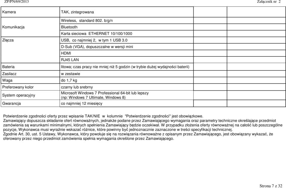 czarny lub srebrny System operacyjny Gwarancja co najmniej 12 miesięcy Microsoft Windows 7 Professional 64-bit lub lepszy (np: Windows 7 Ultimate, Windows 8) oferty przez wpisanie TAK/NIE w kolumnie