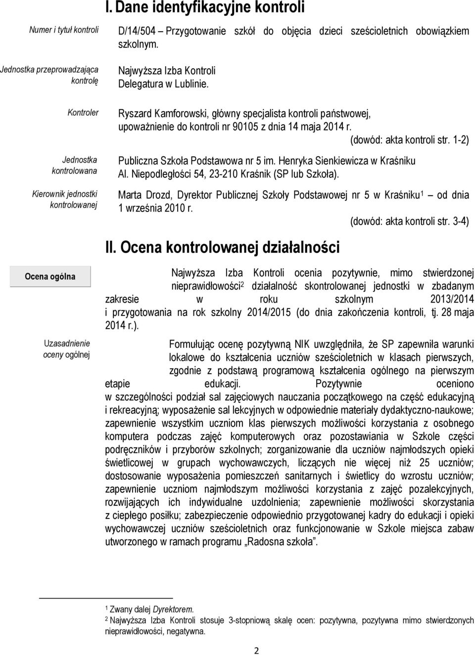 Ryszard Kamforowski, główny specjalista kontroli państwowej, upoważnienie do kontroli nr 90105 z dnia 14 maja 2014 r. (dowód: akta kontroli str. 1-2) Publiczna Szkoła Podstawowa nr 5 im.