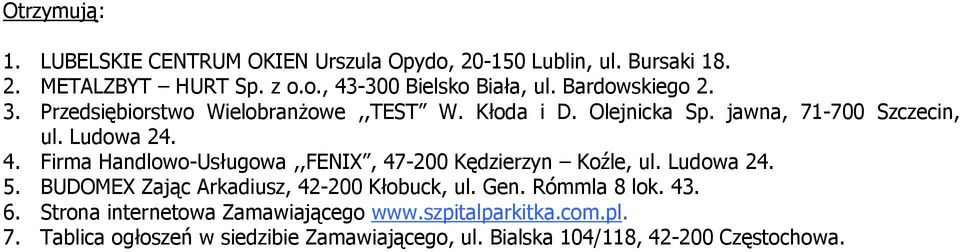 4. Firma Handlowo-Usługowa,,FENIX, 47-00 Kędzierzyn Koźle, ul. Ludowa 4. 5. BUDOMEX Zając Arkadiusz, 4-00 Kłobuck, ul. Gen. Rómmla 8 lok.