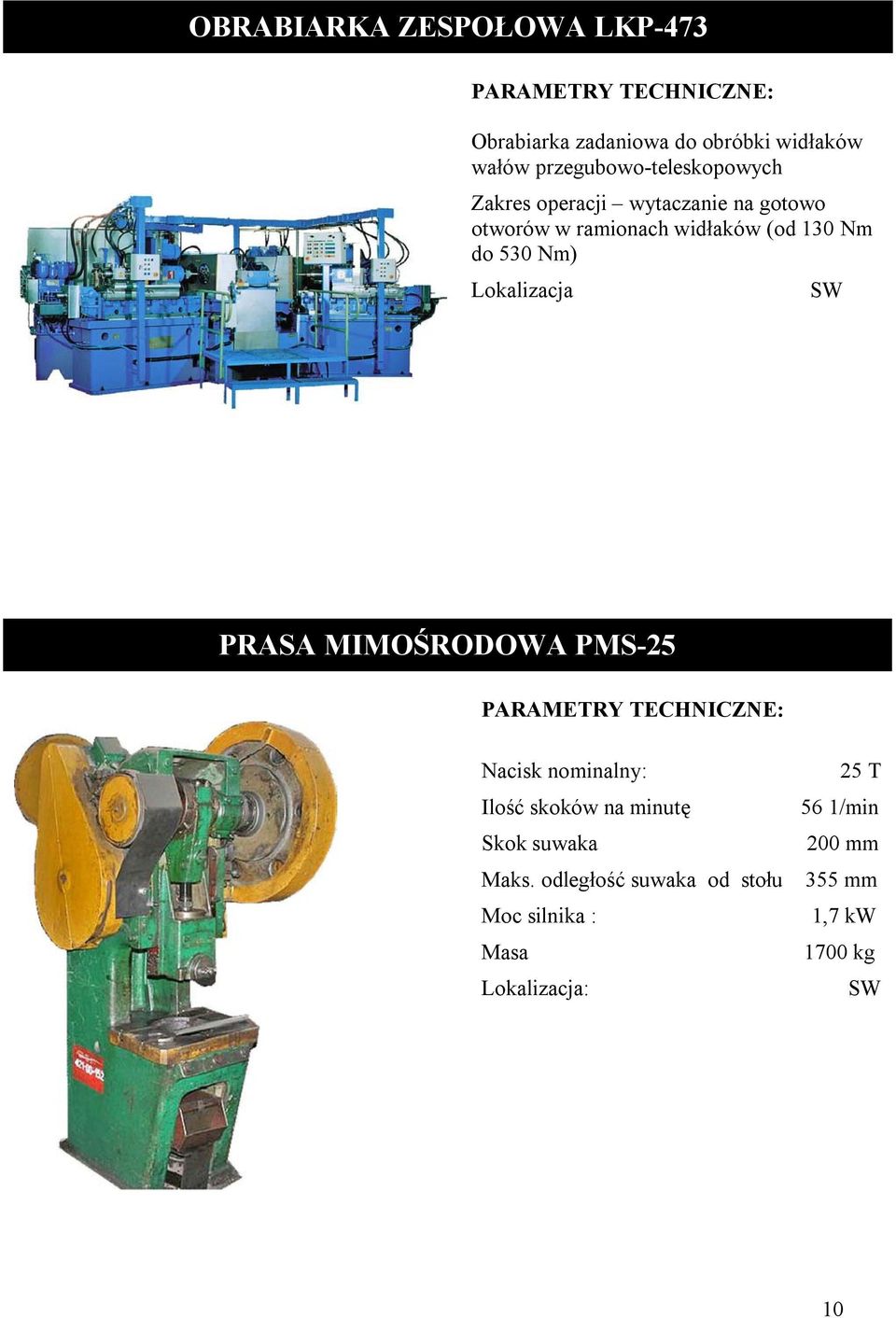 130 Nm do 530 Nm) Lokalizacja SW PRASA MIMOŚRODOWA PMS-25 Nacisk nominalny:.